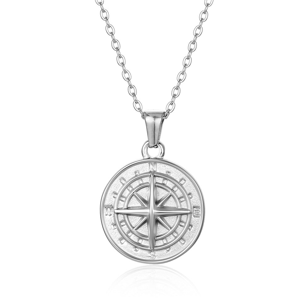 Personality Retro Compass Necklace Women's Simple Stainless Steel Compass Small Round Brand Pendant Collarbone Chain Jewelry