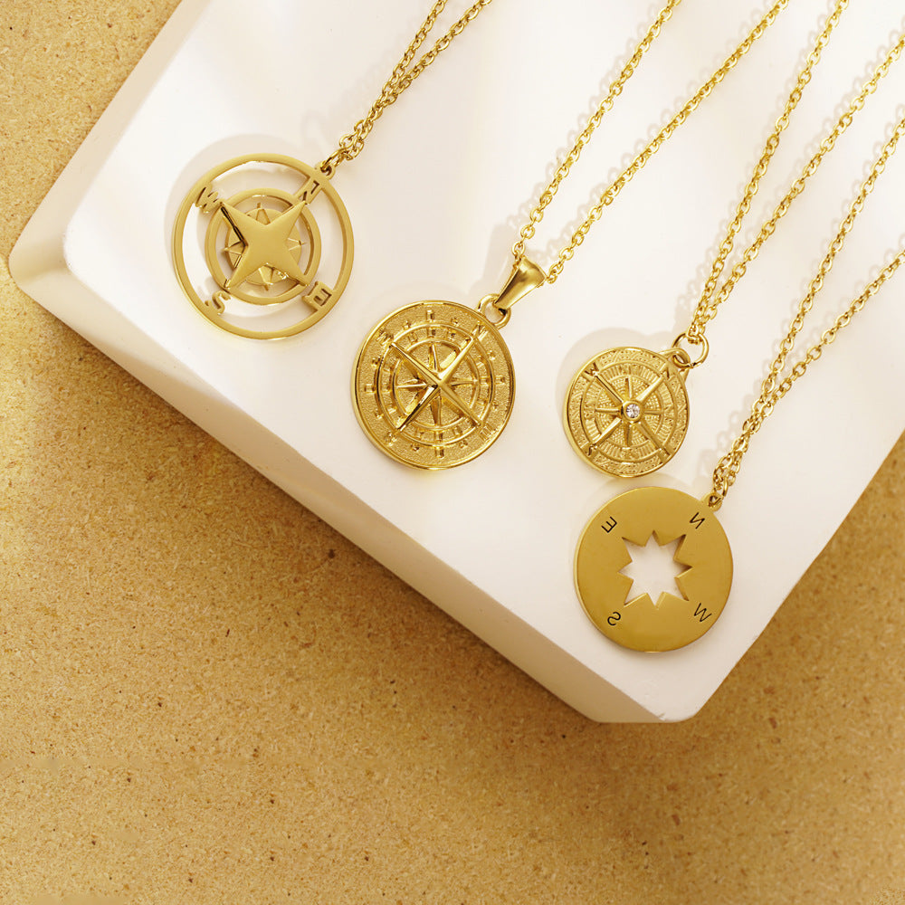 Personality Retro Compass Necklace Women's Simple Stainless Steel Compass Small Round Brand Pendant Collarbone Chain Jewelry