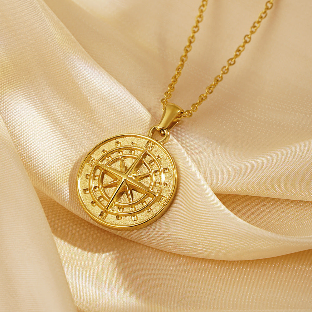 Personality Retro Compass Necklace Women's Simple Stainless Steel Compass Small Round Brand Pendant Collarbone Chain Jewelry
