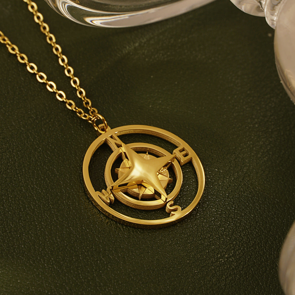 Personality Retro Compass Necklace Women's Simple Stainless Steel Compass Small Round Brand Pendant Collarbone Chain Jewelry