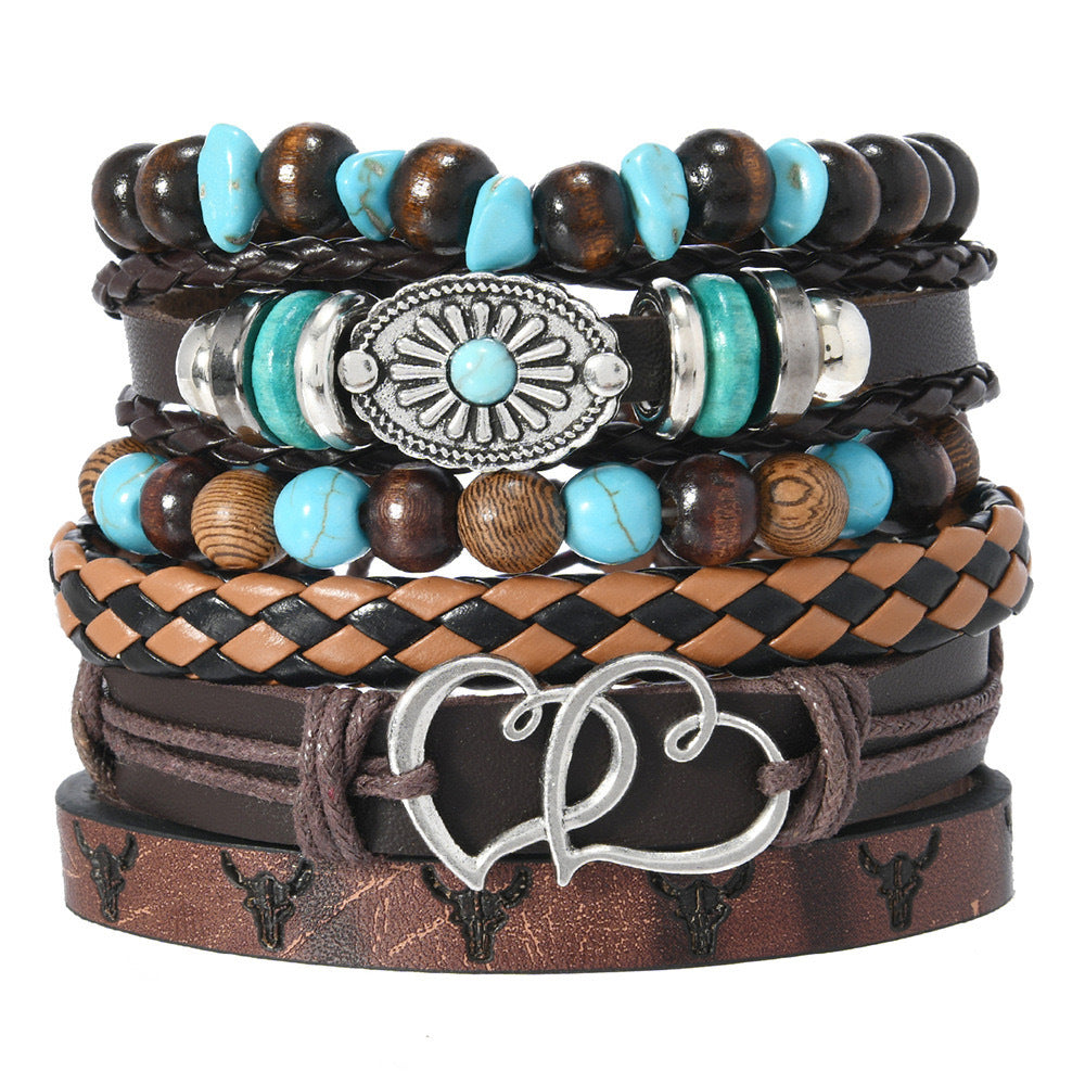 Wood Beads Beaded Multi-layer Vintage Flower Peacock Feather Heart-shaped Hand-woven 24-piece Bracelet