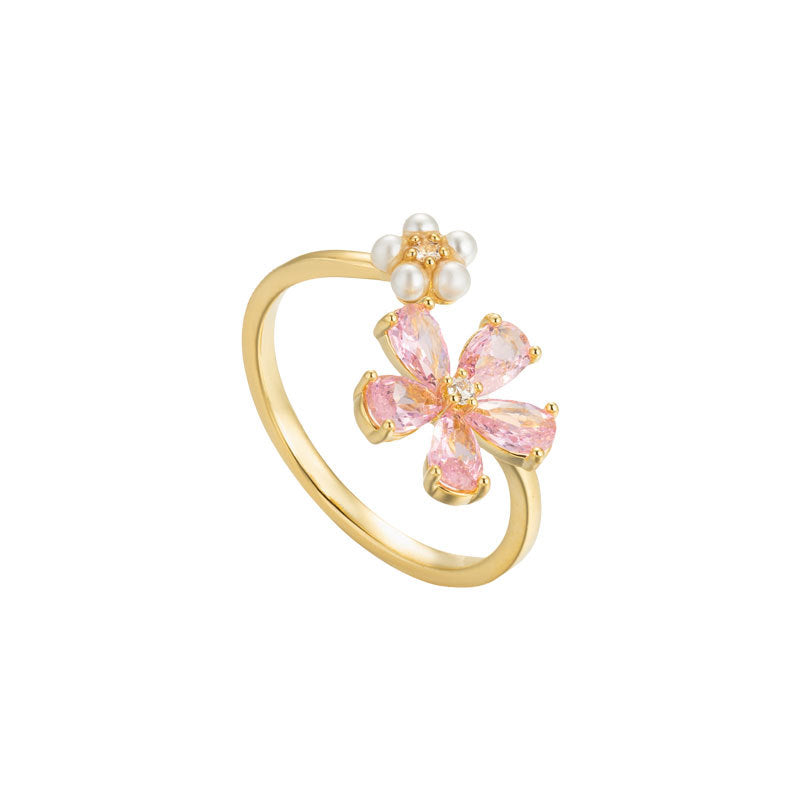 Advanced Sense Double Flower Opening Ring Niche Light Luxury Exquisite Finger Ring Real Gold Electroplating Explosive Adjustable Ring