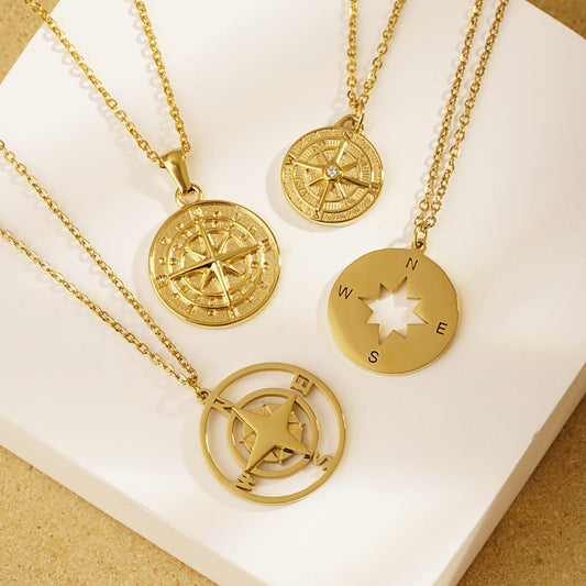 Personality Retro Compass Necklace Women&#039;s Simple Stainless Steel Compass Small Round Brand Pendant Collarbone Chain Jewelry